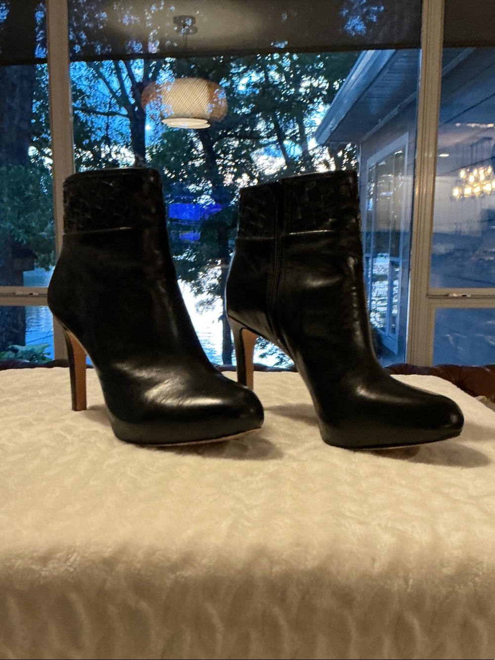 ANTONIO MELANI Black Leather High-Heel Ankle Booties with Woven Collar